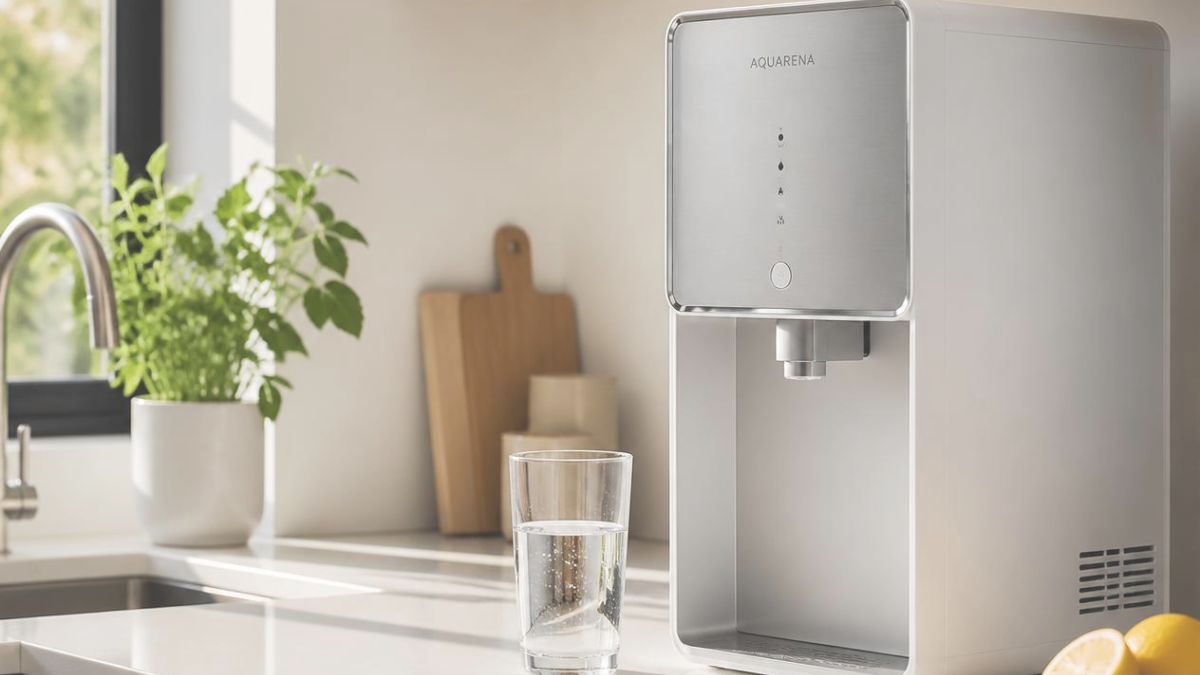 Stainless steel water purifier on a kitchen counter beside a glass of water and green plant by a window.