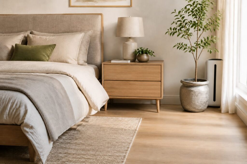 Air purifier in a clean bedroom to support better indoor air quality in Malaysia.