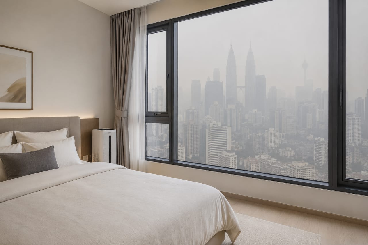 Bedroom with an air purifier overlooking a hazy Kuala Lumpur skyline.