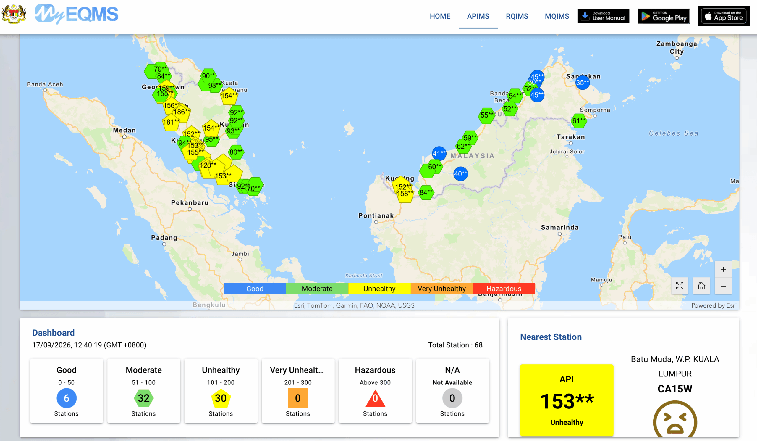 Interactive map of Indonesia and Malaysia showing air quality index with color-coded markers (Blue=Good, Green=Moderate, Yellow=Unhealthy, Orange=Very Unhealthy, Red=Hazardous) and a legend.
